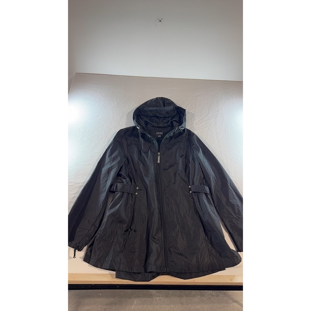 Jones New York Womens Black Hooded Jacket Full Zip Adjustable Waist XL